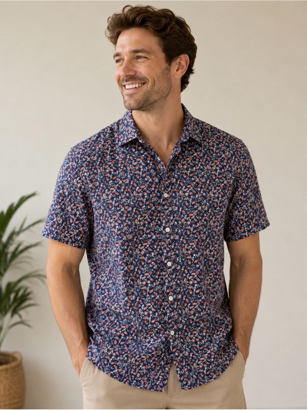 UNTUCKit Navy Blue Floral Short-Sleeve Button-Down Shirt slim fit